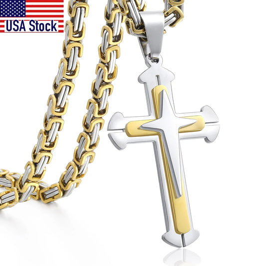 Men's Cross Necklace Gold Color Black Cross Pendant Stainless Steel Byzantine Chain Necklace 2020 Hip Hop Male Jewelry KP180 - admstore